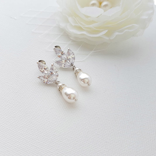 Silver CZ Leaf Bridal Earrings with Teardrop Pearl Design- Katie