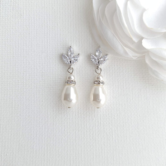 Silver Leaf Crystal ( CZ) and Pearl Clip On Drop Earrings for Weddings - Katie