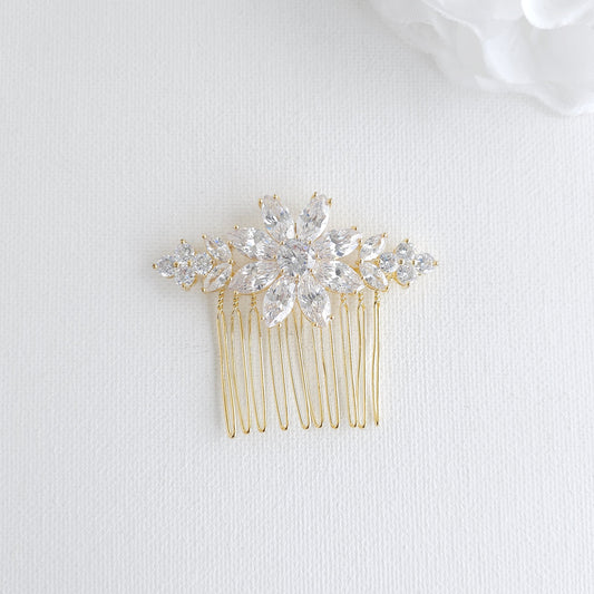 Floral Gold Wedding Hair Comb - 14K Plated Cubic Zirconia Hair Piece- Daisy