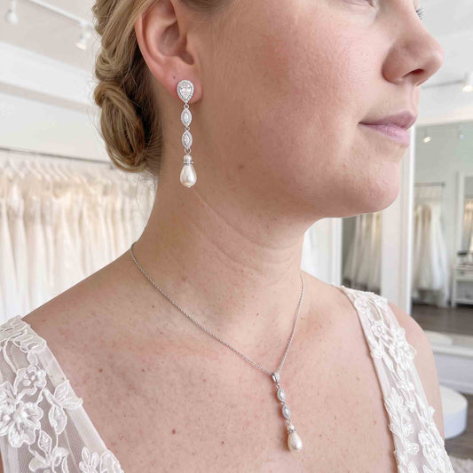 3-Piece Rose Gold Marquise Crystal & Pearl Wedding Jewelry Set – Abby