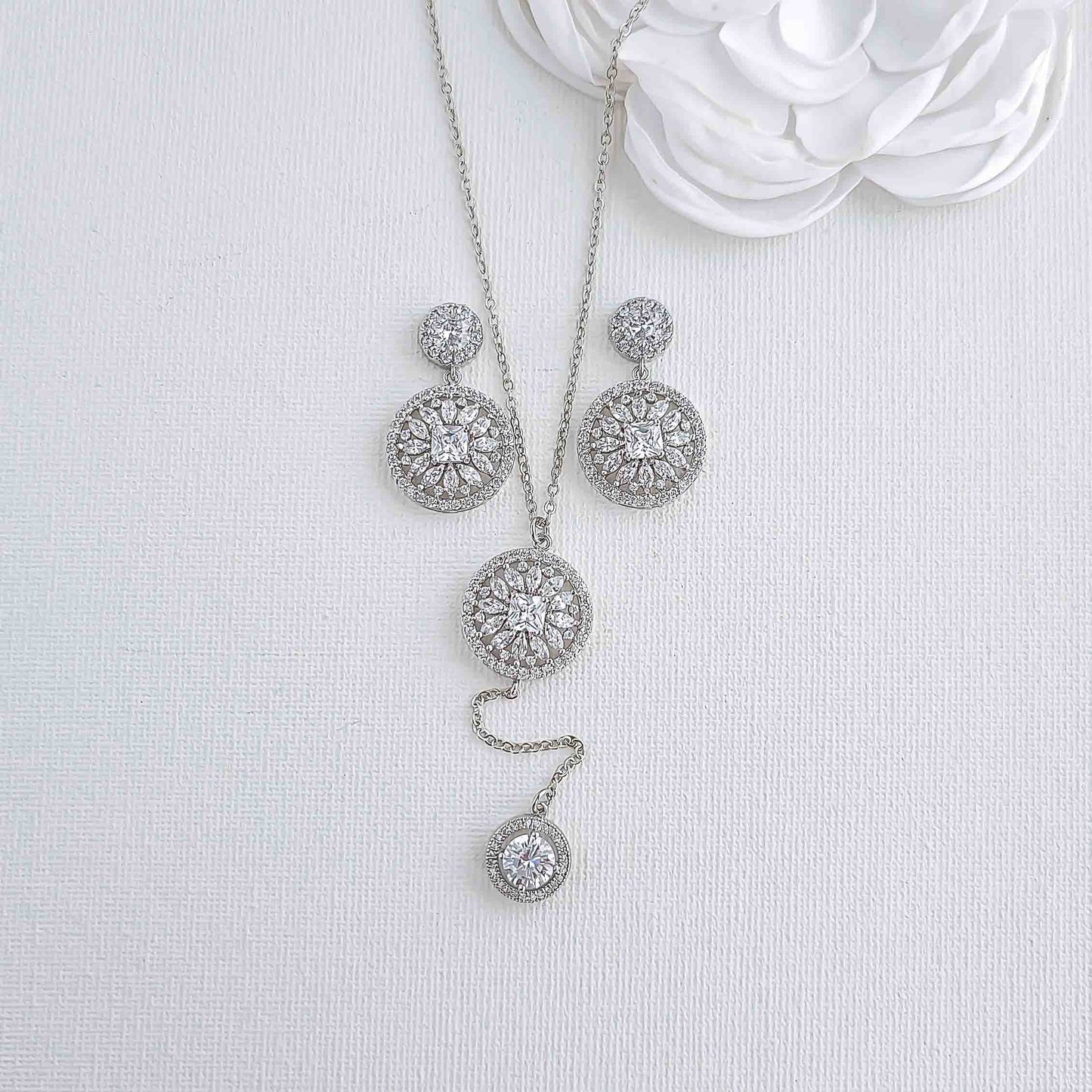 Earrings Bracelet and Long Drop Necklace Set for Weddings- Adonia