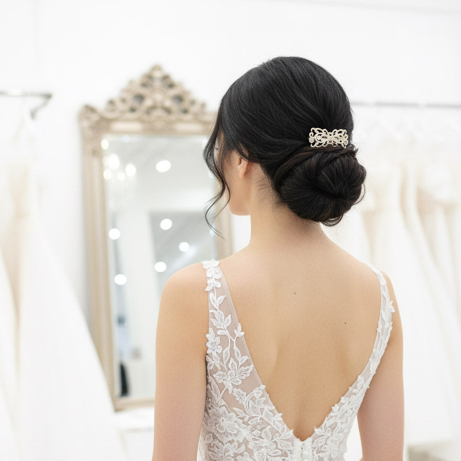 Art Deco Filigree Bridal Hair Comb | Small CZ Wedding Veil  display picture 2