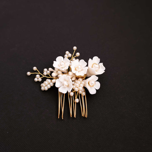Simple Gold Wedding Hair Comb: A Dainty Floral and Pearl Bridal Accessory-Betty
