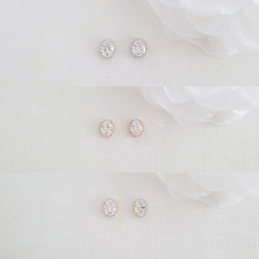 Rose Gold Cubic Zirconia Oval Stud Earrings-Emily