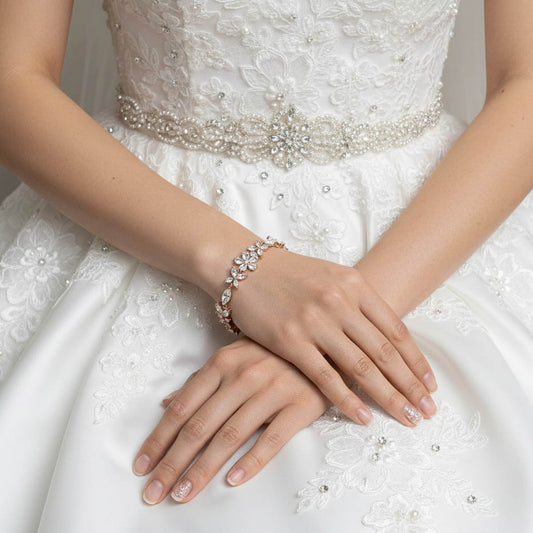 Gold Bridal Bracelet in Flower Design Made of Cubic Zirconia-Daisy