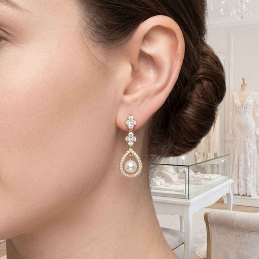 Open Teardrop Pearl Bridal Earrings in Silver - Lea