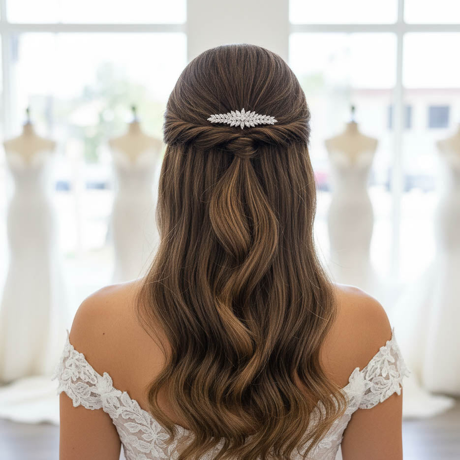 Silver Hair Comb for Wedding | Sparkling CZ Veil Slide  display picture 2