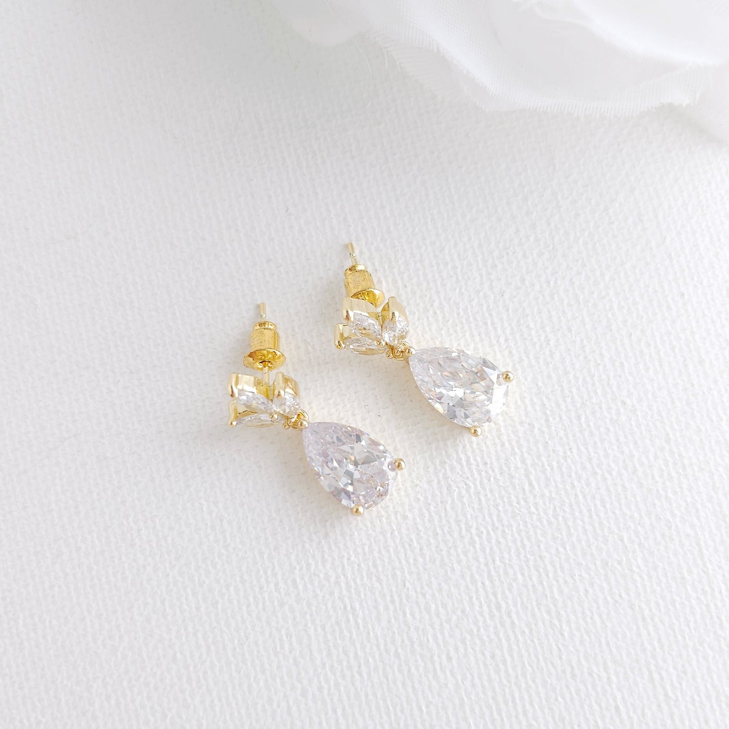 Small Bridal Dangle Drop Earrings with Delicate Leaf Ear-Top and Classic Teardrop for Brides (Silver CZ)– Vera