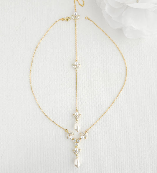 Leaf & Pearl Detachable Backdrop Necklace-Leila