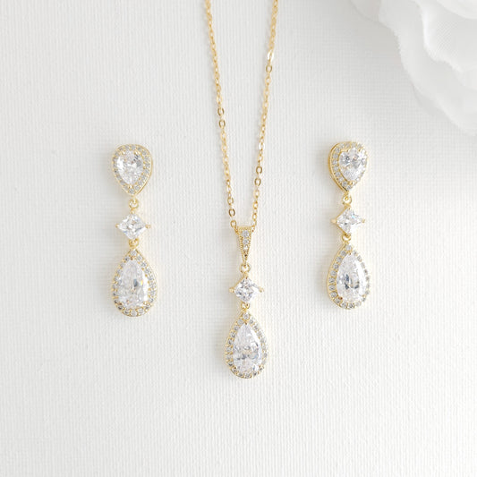 Bridal Jewelry Set in Gold with CZ Teardrop Necklace Earrings - Lena