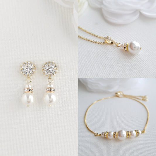 Pearl Jewelry Set in Gold for Brides and Bridesmaids-AVA