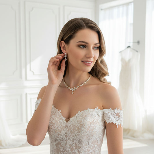 Gold Bridal Pearl Necklace & Earring Set - Jenna
