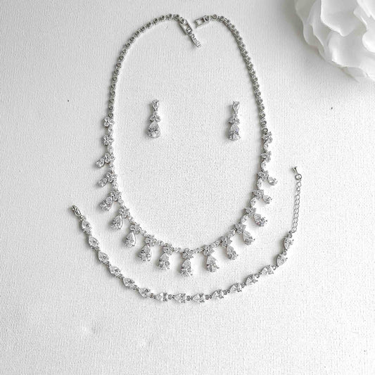 Silver Teardrop 3-Piece Bridal Jewelry Set | Cascading Necklace, Earrings & Bracelet – Jessica