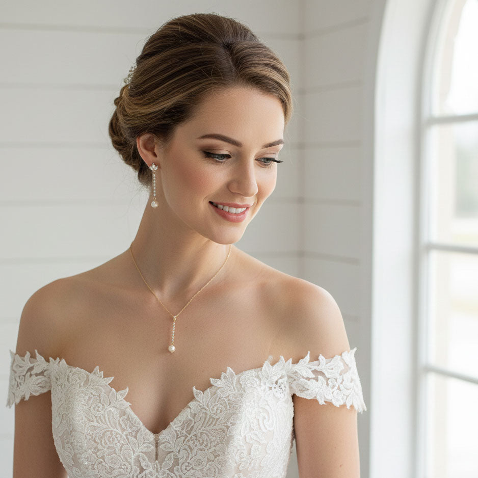 Gold Pearl Bridal Jewelry Set | Delicate Wedding Necklace & Earrings PoetryDesigns Gold Pearl Bridal Jewelry Set | Delicate Wedding Necklace & Earrings PoetryDesigns