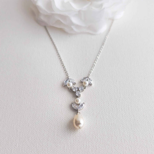 Crystal & Pearl Bridal Necklace in Silver - Leila