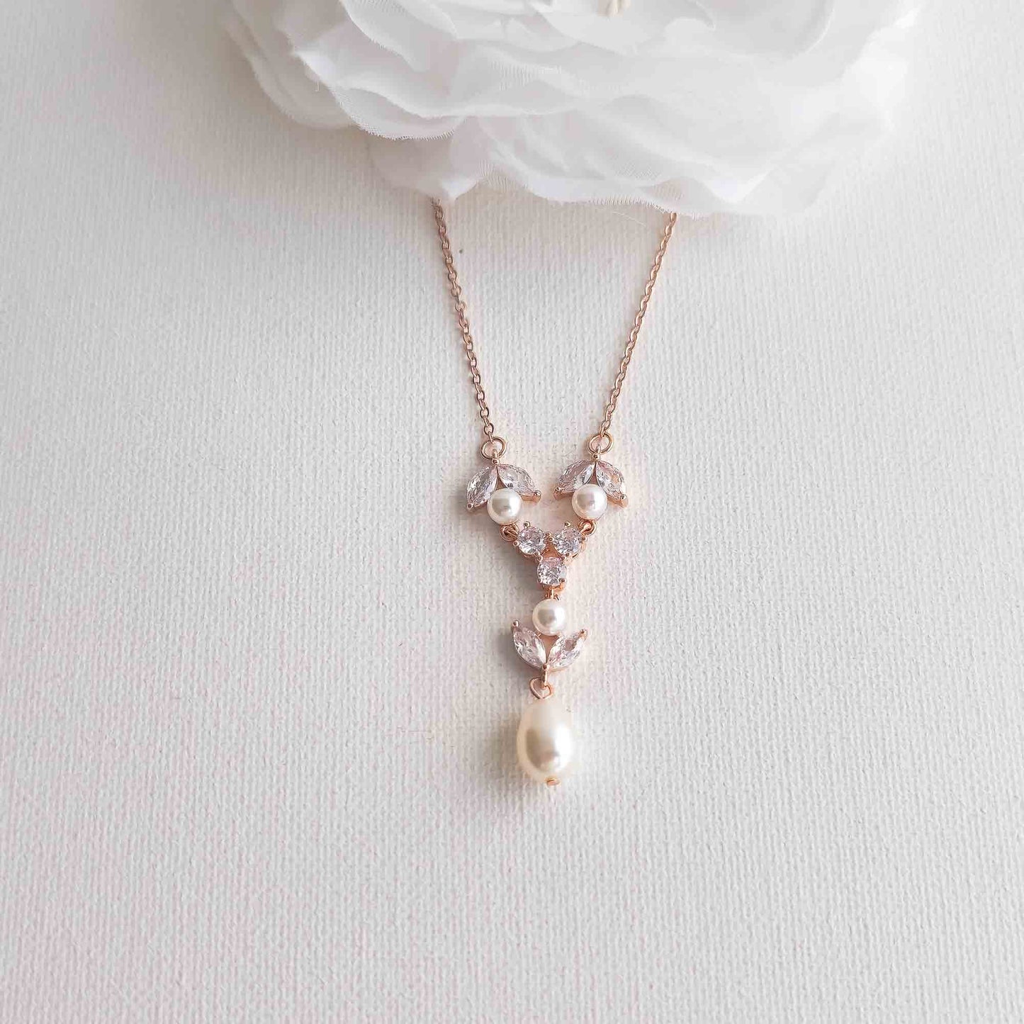 Gold Crystal & Pearl Y-Drop Bridal Necklace - Leila
