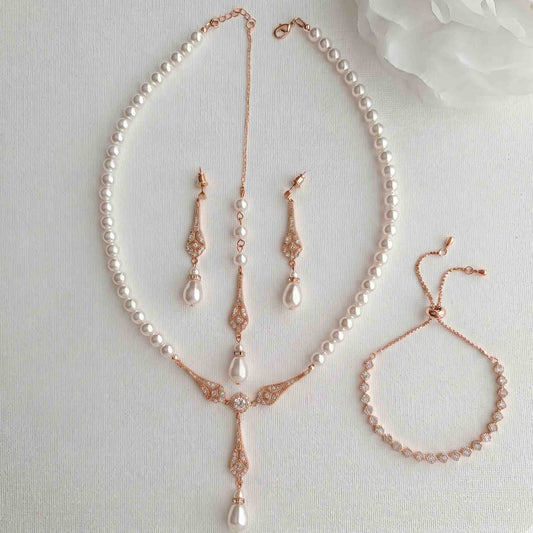 Rose Gold Pearl Wedding Jewelry Set (3-Piece Earrings Necklace Bracelet) – Lisa