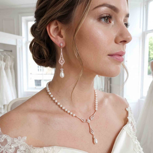 Ensemble collier et boucles d'oreilles en perles d'or avec bracelet pour mariage-Lisa