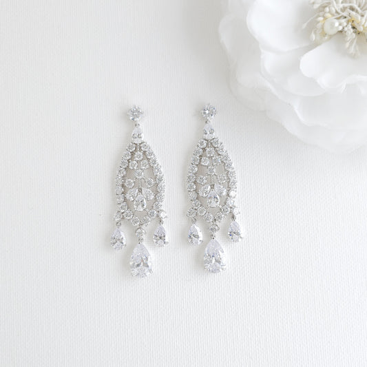 Large Silver Statement Chandelier Earrings for Brides & Woman- Courtney