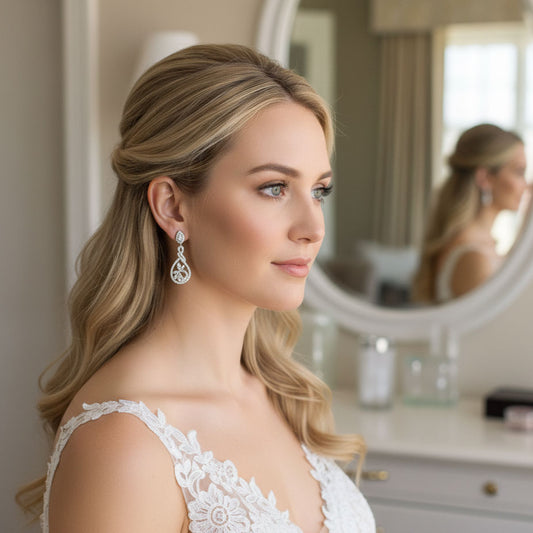 Statement cubic zirconia wedding earrings featuring a silver rhodium-plated teardrop and floral marquise design.