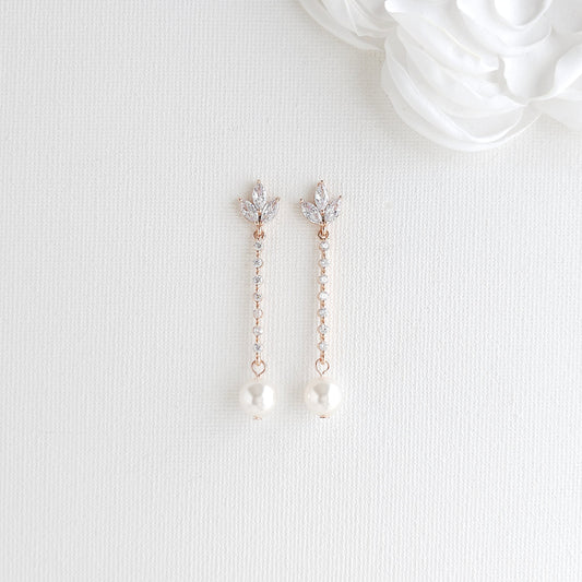Skinny Long Rose Gold Pearl Drop Earrings- Jodi