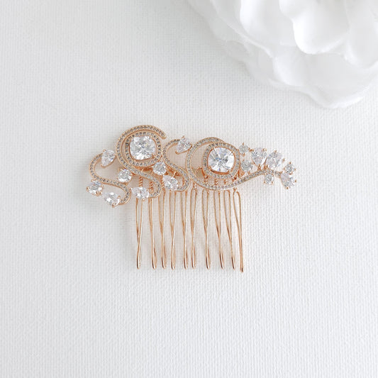 Small Rose Gold Veil Hair Comb | Sparkling Cubic Zirconia Wedding Hair Piece - Casey