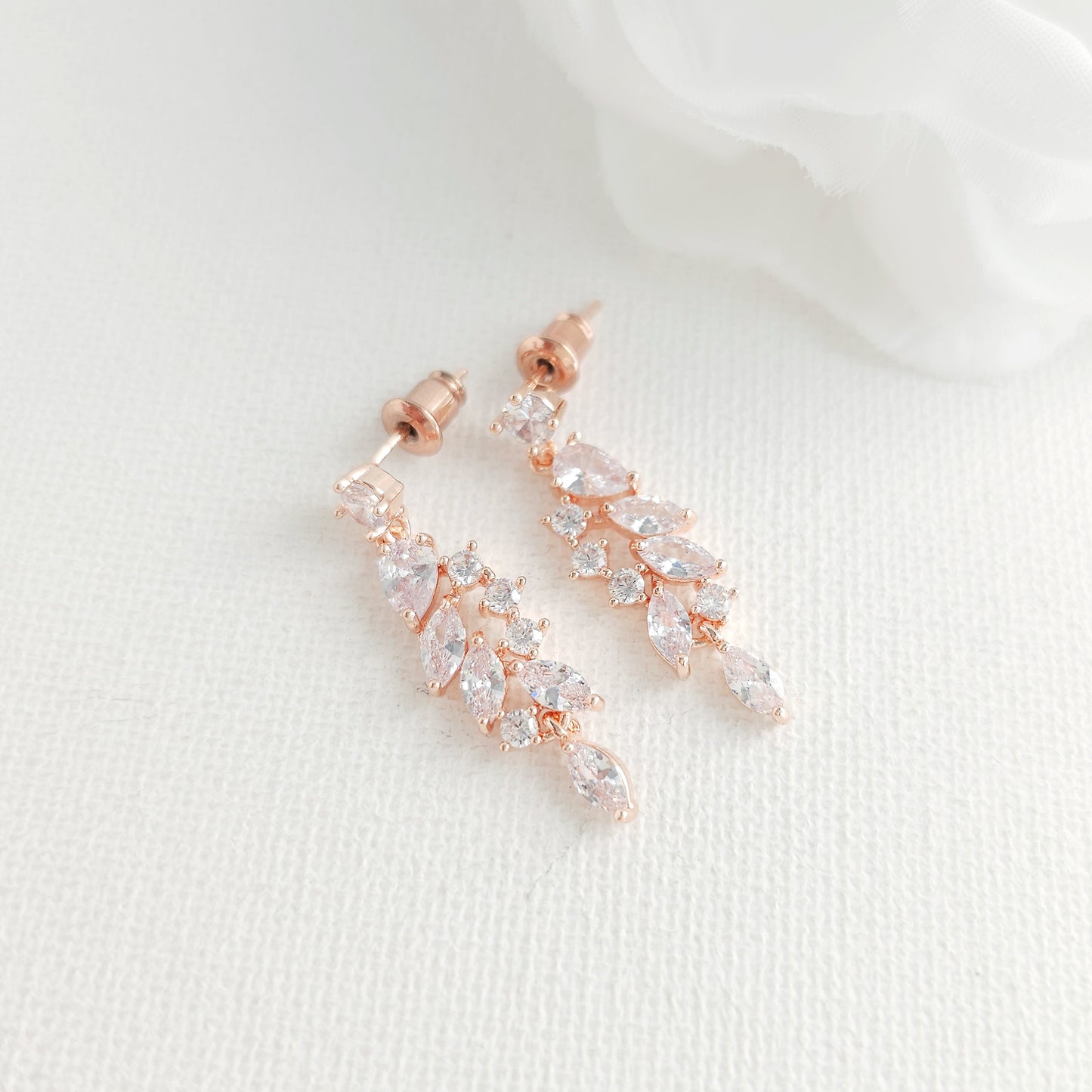 Silver Leaf Drop Earrings - Lightweight & Delicate CZ Cluster - Tia