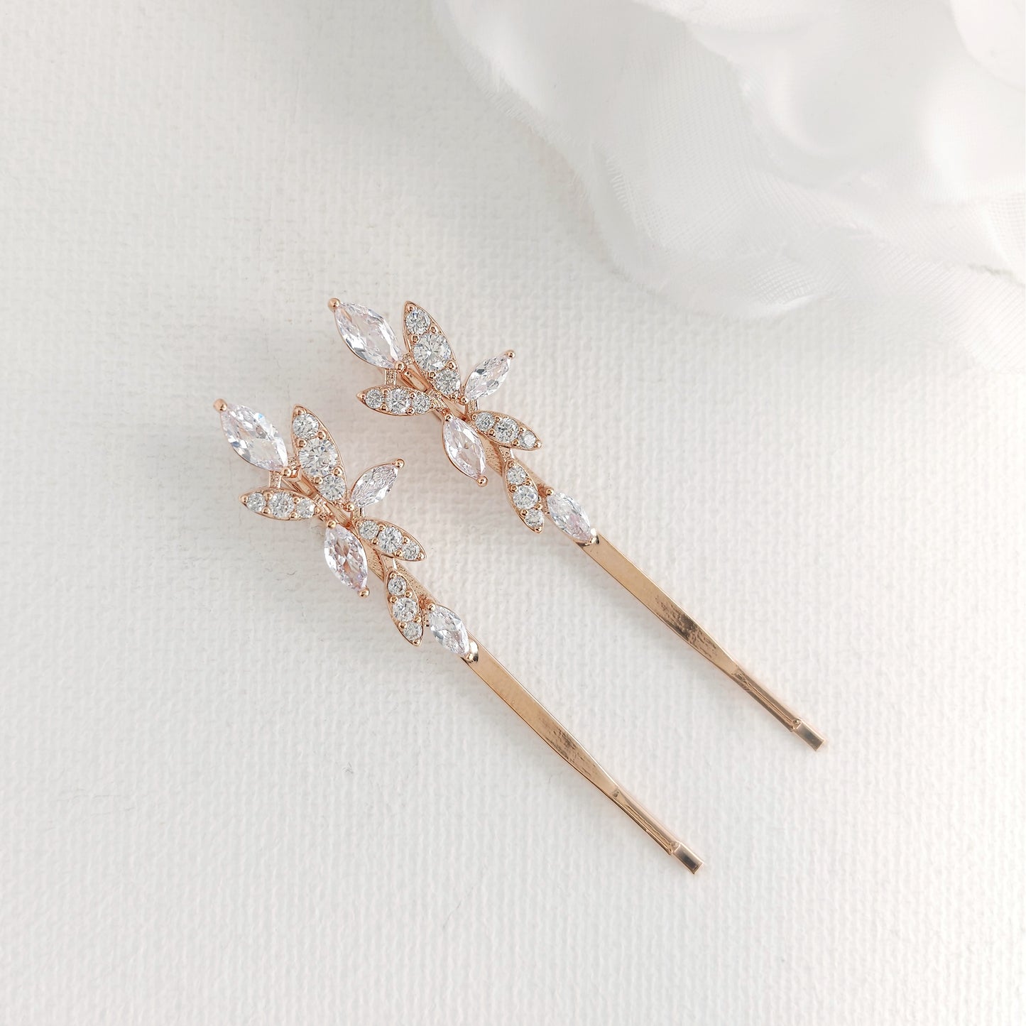 Sleek Leaf Bridal Hair Pin Set | CZ Bobby Pins for Brides & Wedding Party- Thea