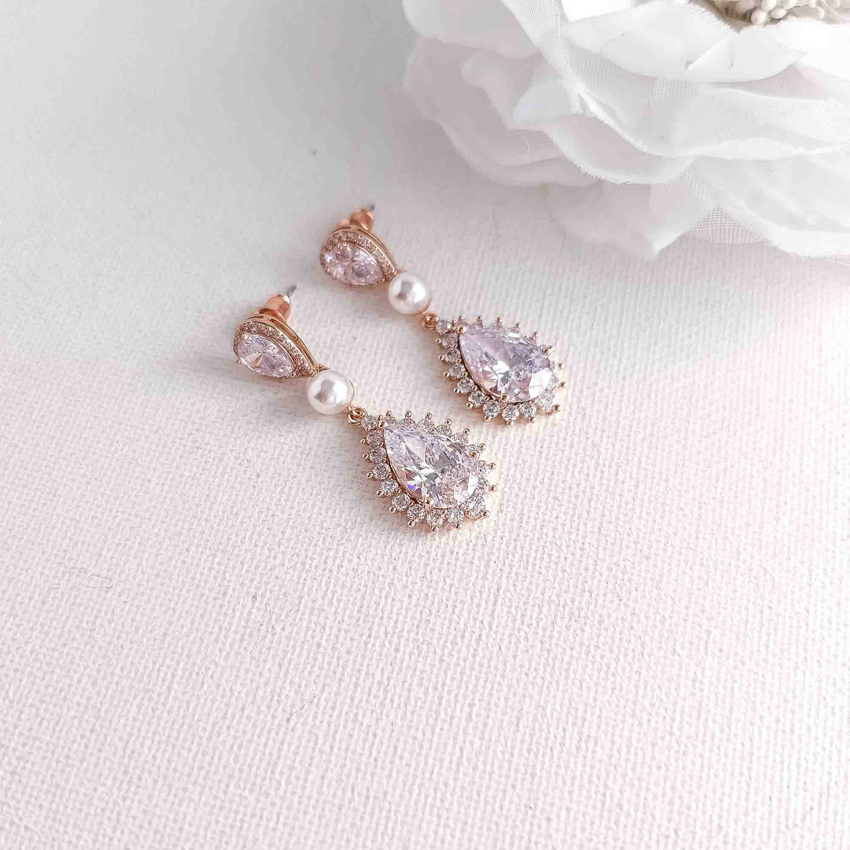 Teardrop Cubic Zirconia and Pearl Bridal Earrings - Raya