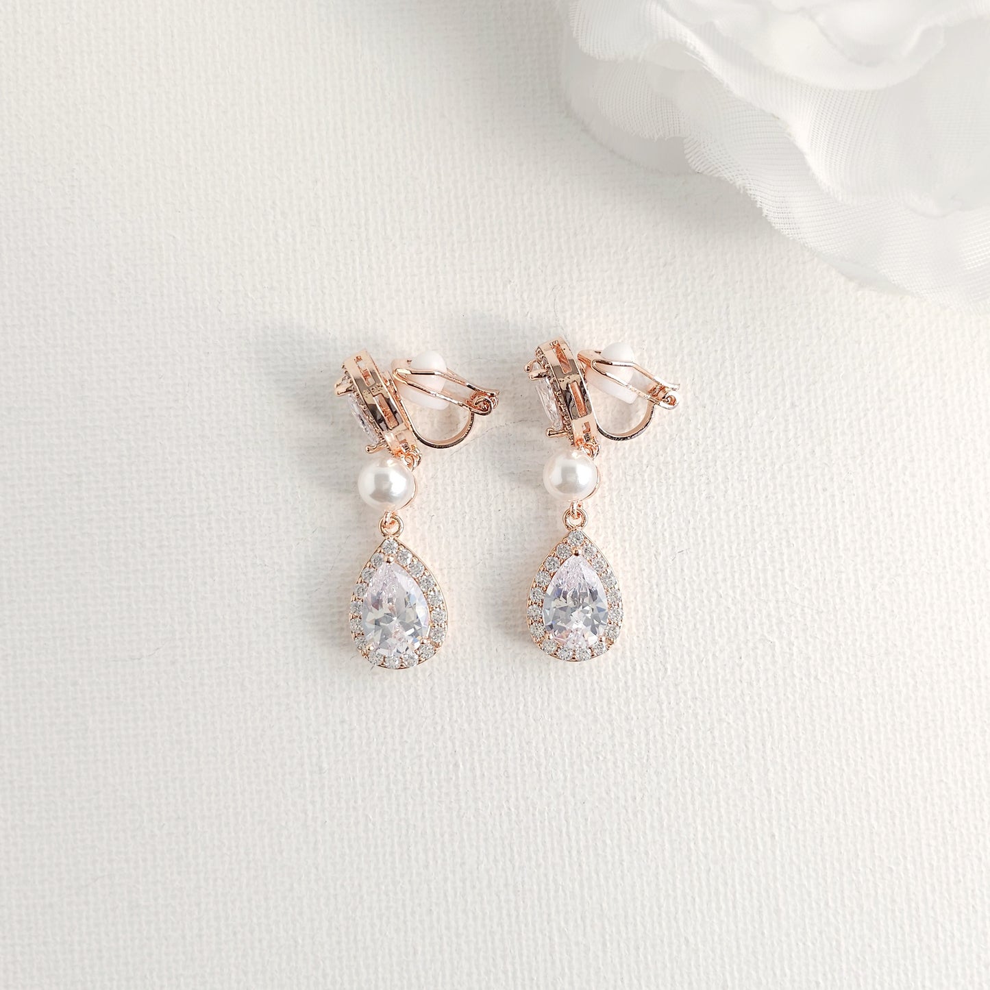 Silver Clip-On Earrings with CZ Teardrops and Ivory Pearls- Emma
