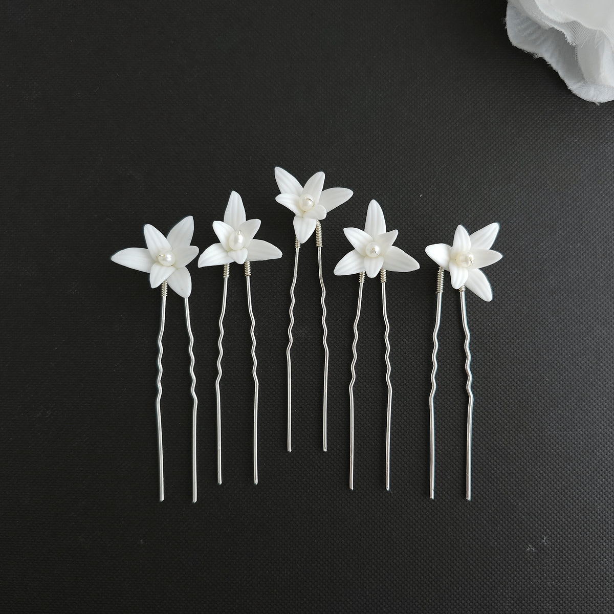 White Flower Wedding Hair Pins 5-Piece Set in Silver and Gold - Jasmine