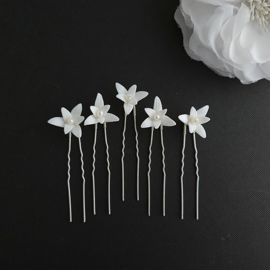 White Flower Wedding Hair Pins 5-Piece Set in Silver and Gold - Jasmine