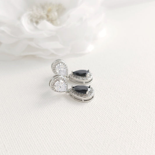 Black & Clear Cubic Zirconia Drop Earrings: Elegant Contrast, Two-Tone Design- Zoe