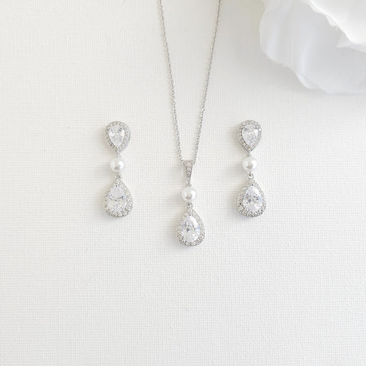 Dainty Teardrop Pearl & CZ Jewelry Set - Emma