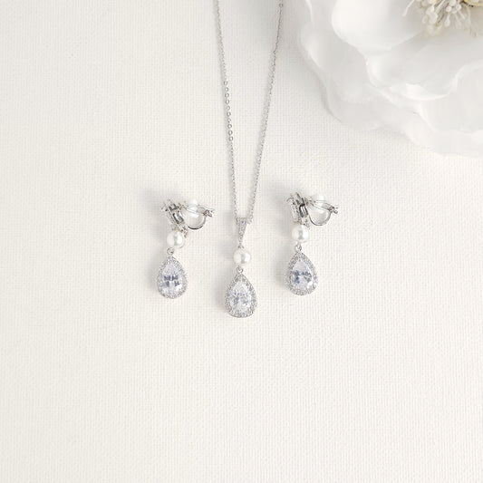 Silver 3-Piece Bridal Jewelry Set- Necklace, Bracelet & Clip-On Earrings- Emma