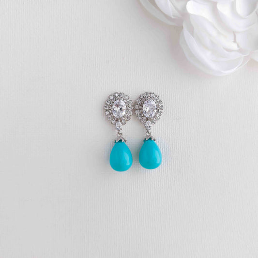 Turquoise Shell Pearl Drop Earrings with Dazzling CZ Top (Rhodium Plated)-Sophie