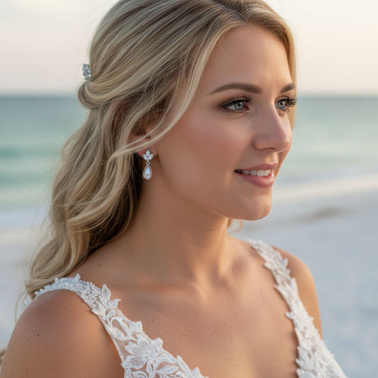 Dainty Gold CZ Leaf Teardrop Pearl Earrings for Weddings- Vera