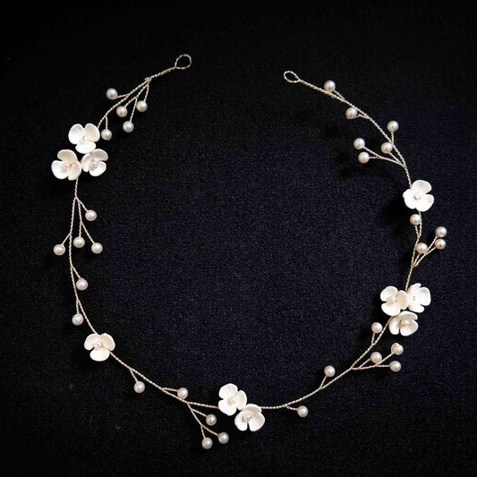 Clay Floral and Pearl Bridal Hair Vine in Silver - Zaneta