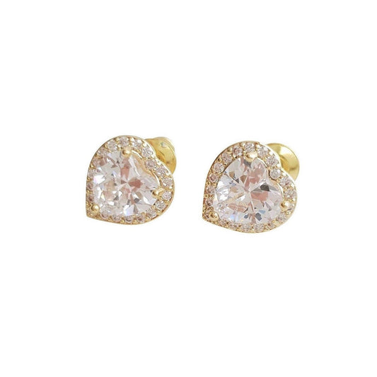 14K Gold Cubic Zirconia Heart Earrings Studs -Diana - PoetryDesigns
