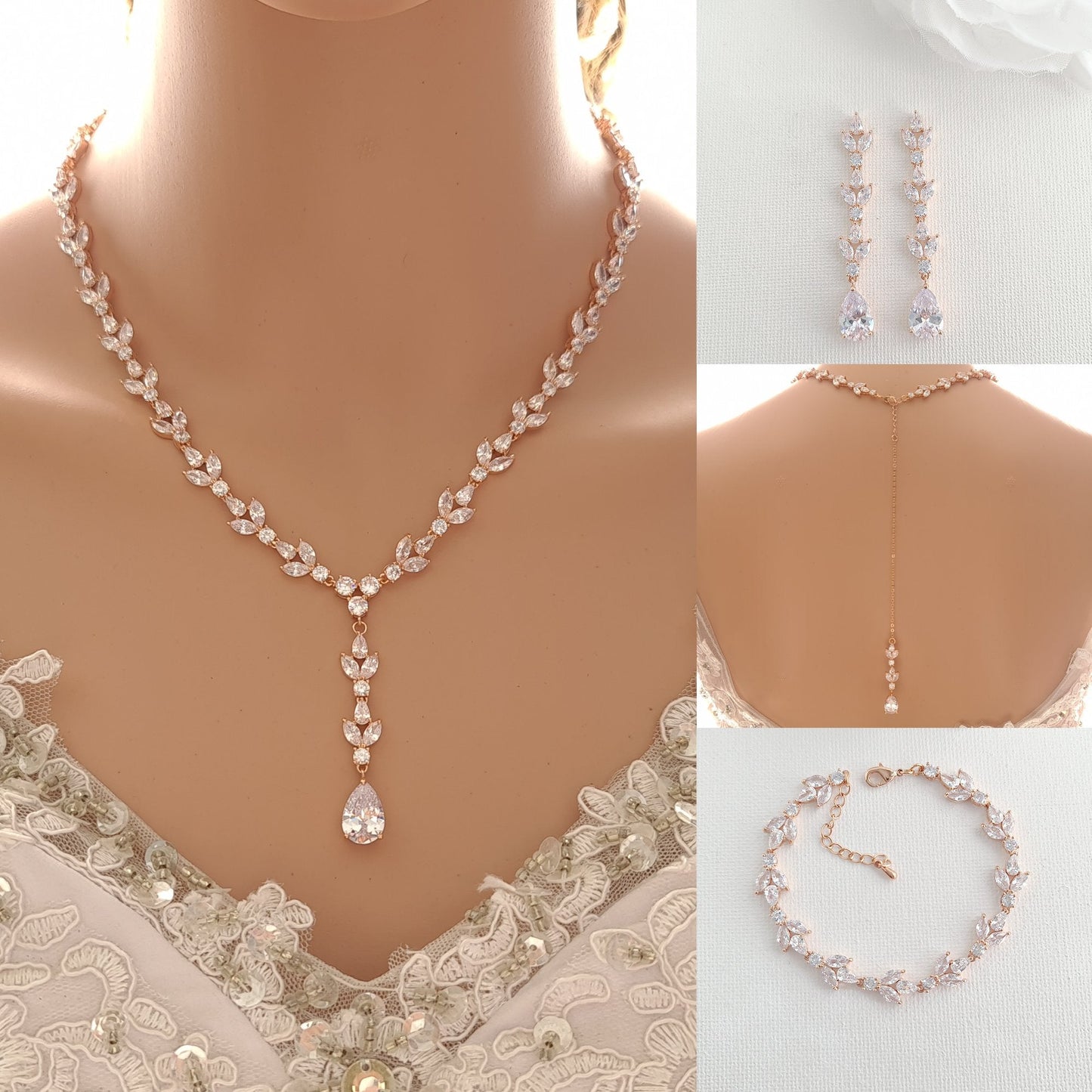 14k Gold & Cubic Zirconia Necklace Bracelet Earring Set for Wedding-Anya - PoetryDesigns