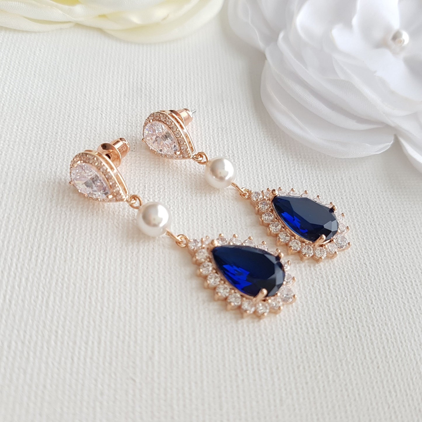 Blue drop rose gold earrings