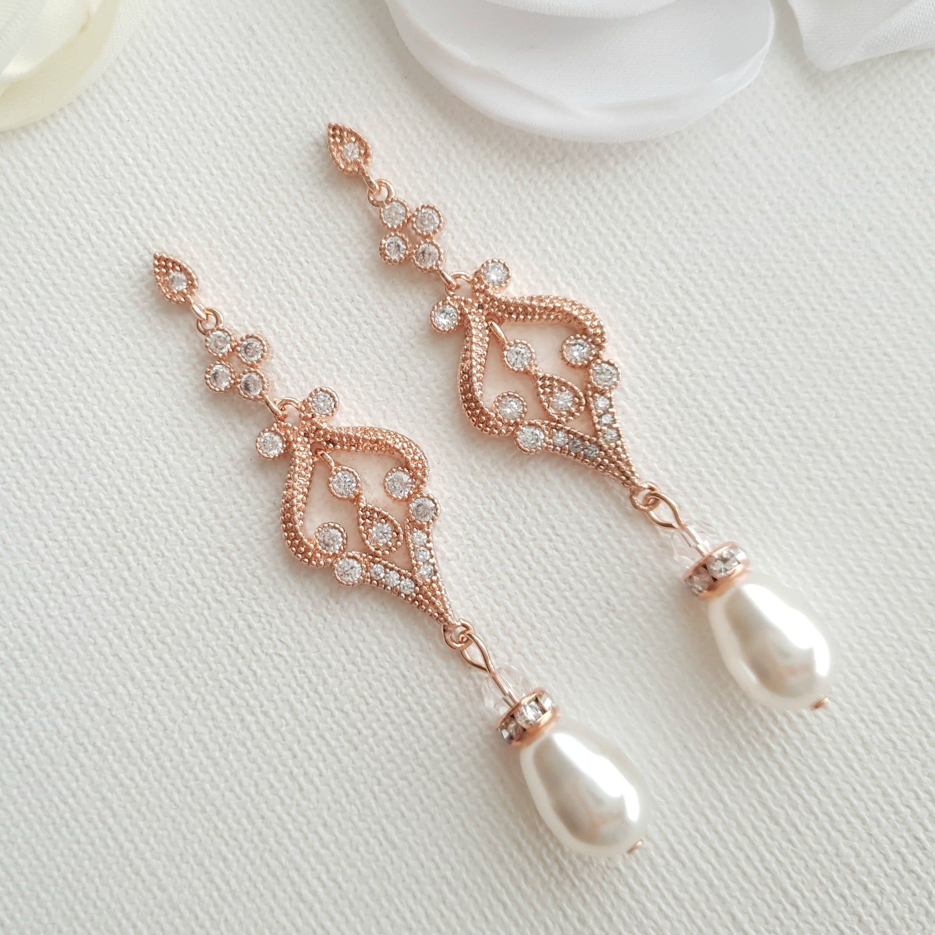 vintage pearl wedding earrings rose gold- Poetry Designs