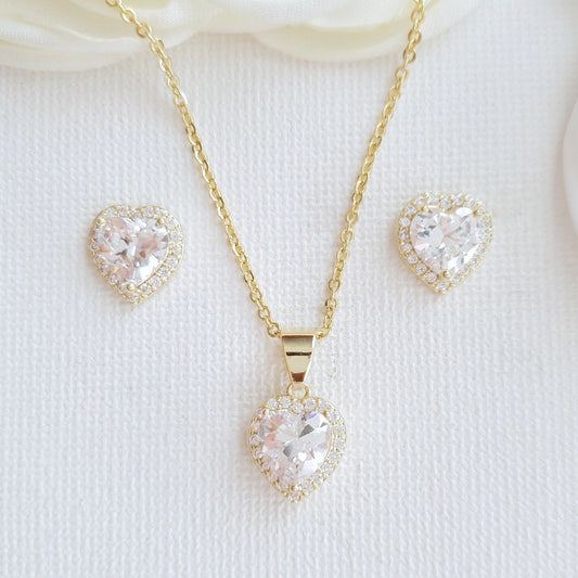 14K gold Heart Necklace and Stud Earrings Set- Poetry Designs