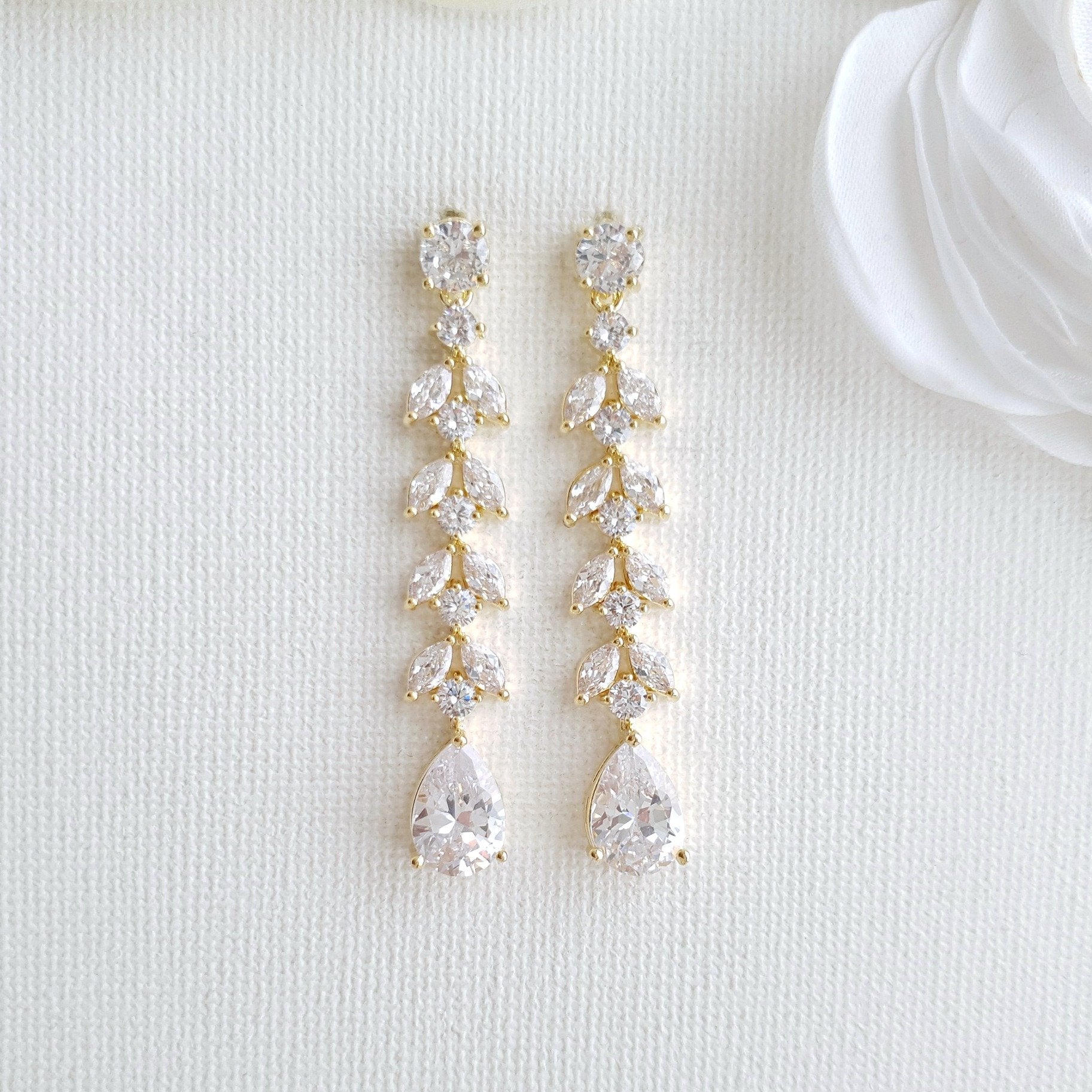 Slim & Leafy Marquise Crystal Earrings in 14K Gold for Brides – Poetry  Designs