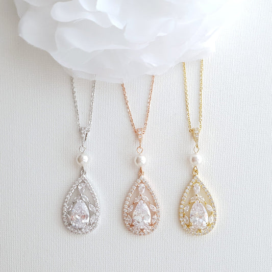 Bridal Pendant Necklace with Teardrop CZ Crystals-Esther - PoetryDesigns