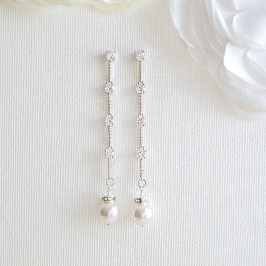 Slim & Long Pearl Earrings for Weddings-Ginger - PoetryDesigns