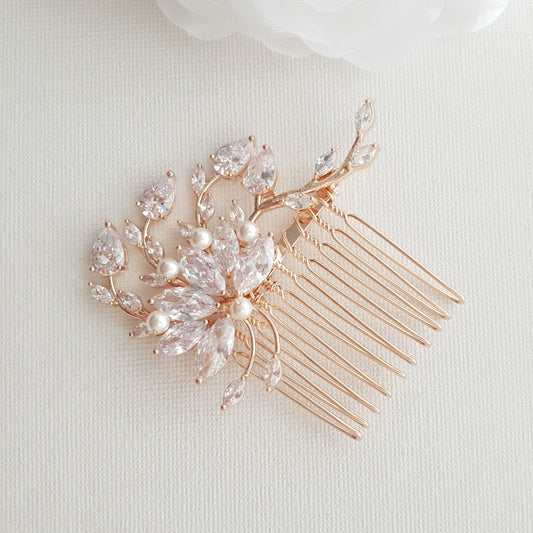 Small Flower Rose Gold Bridal Hair Comb -Kika - PoetryDesigns