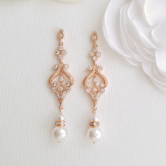 Vintage Bridal Earrings in Rose Gold-Elizabeth - PoetryDesigns
