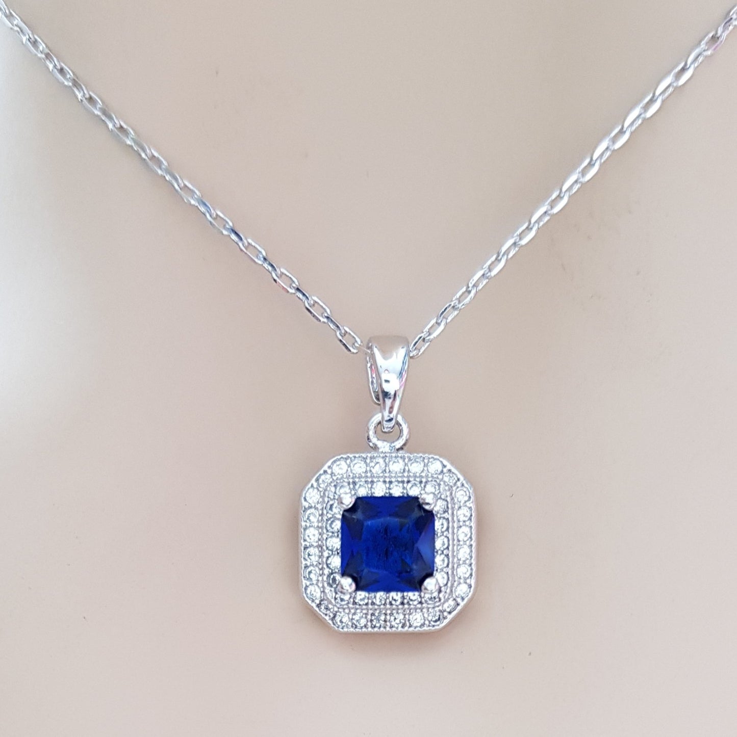 Blue Sapphire Cubic Zirconia Necklace Pendant- Quad Blue - PoetryDesigns