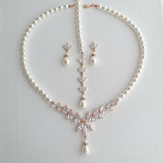  Rose Gold Pearl Necklace and Earrings Wedding Jewelry Set